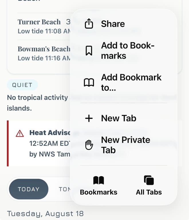 The Safari menu open over the SanibelTides page, with Share as the first item.
