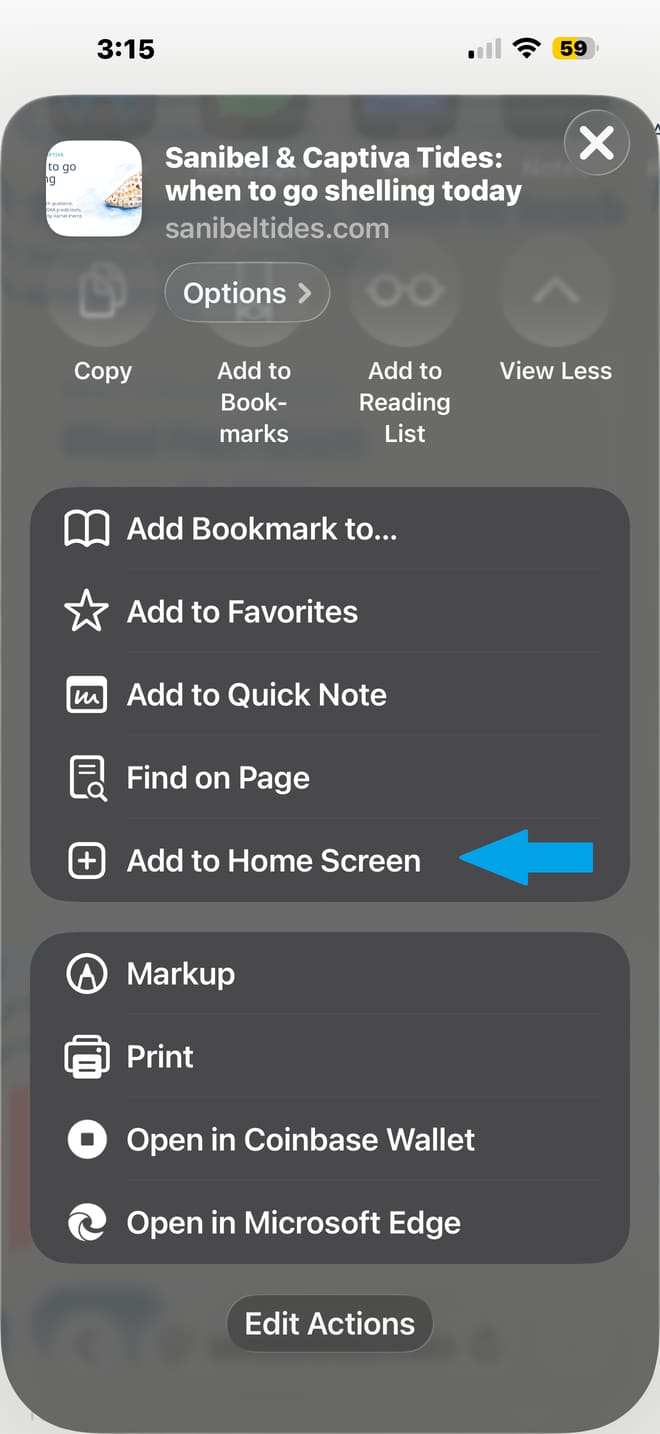 The iPhone share sheet with the Add to Home Screen row marked by an arrow.